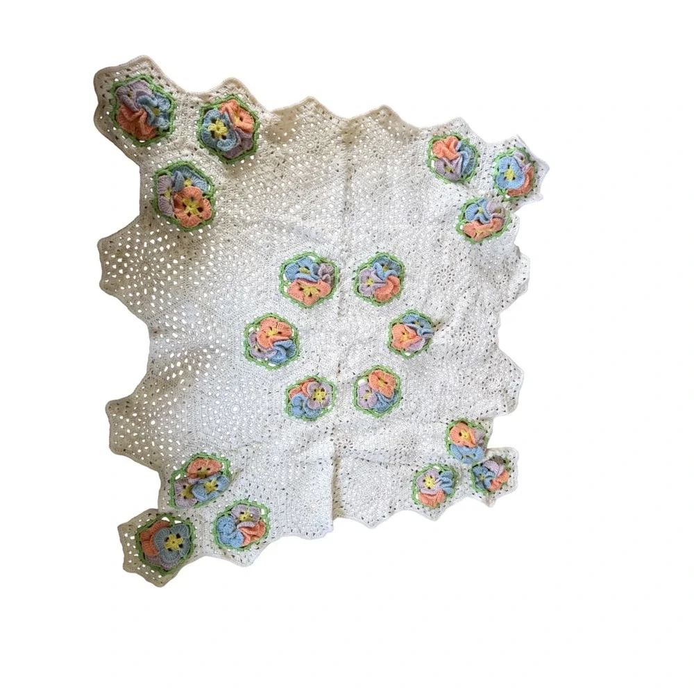 Vintage Handmade Crochet Baby Blanket White Pastel 3D Floral Scalloped Edge